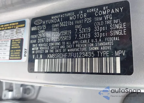 2015 Hyundai Santa Fe Limited из США, поврежденный, VIN KM8SRDHF7FU123435